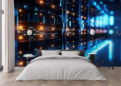 Row of network servers with glowing LED lights, A scene of a data center or server room. Wall mural