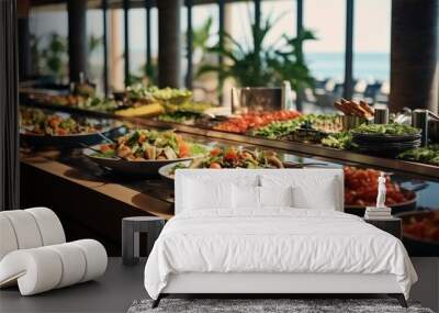 Salad bar with fresh vegetables in hotel buffet, Buffet table. Wall mural