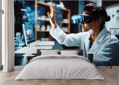 Scientist woman wearing a VR headset and interacting with virtual reality in the science lab, Interacting with virtual reality, Science, chemistry, technology. Wall mural