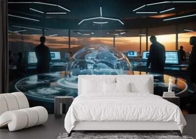 Security team in futuristic cyber security workspace with advanced encryption at data room. Wall mural