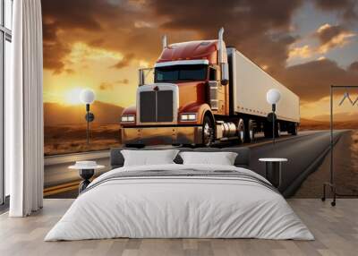 Semi-truck speeding on the highway at sunset. Wall mural