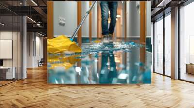 Shot of person with mop in hallway, water seeping under doors. Generative AI. Wall mural