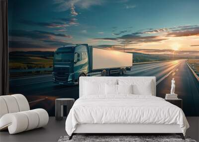 Side view of truck with cargo on highway. Generative AI. Wall mural