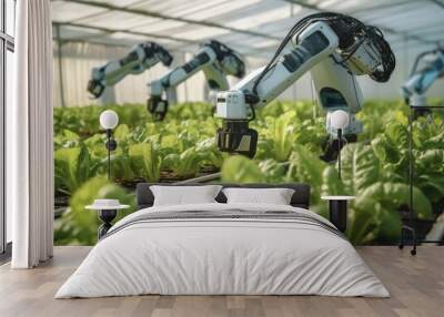 Smart farming agriculture technology robotic arm, Robot farming harvesting agricultural products in greenhouse, Innovative futuristic technology Wall mural