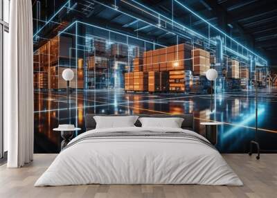 Smart logistics, Futuristic digital warehouse using augmented reality, Modern high tech innovative warehouse logistics displayed, E-commerce and delivery concept. Wall mural