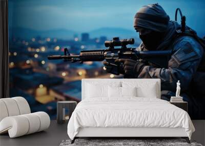 Sniper swat aiming on rooftop. Wall mural