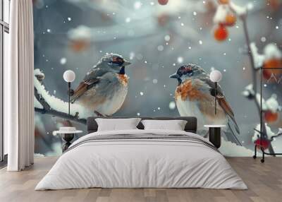 Snowfall enveloping a winter scene with two birds perched on branches. Generative AI. Wall mural