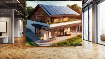 Solar panels on roof of the house renewable energy green power photovoltaic. Wall mural