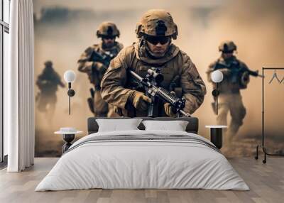 Soldiers during Military Mission, Group of special forces soldiers on the move. Wall mural