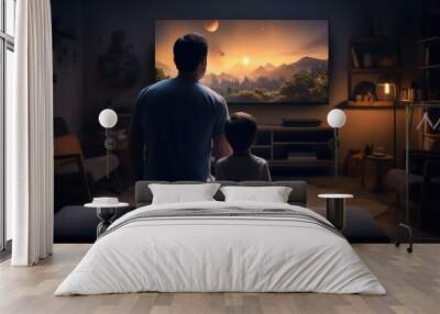 Son and dad sitting on the couch looking at the TV in front of them in living room at evening. Wall mural