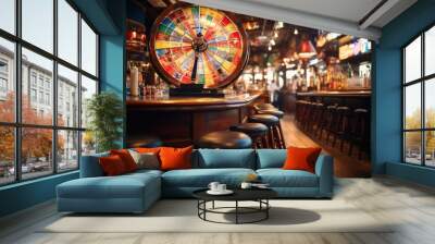 Spinning game wheel on bar behind bar. Generative AI. Wall mural