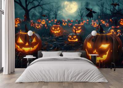 Spooky pumpkin patch at midnight, filled with Jack-o-lanterns of various sizes and expressions. Their carved grins glow with an unsettling orange light. 3D illustration. Wall mural