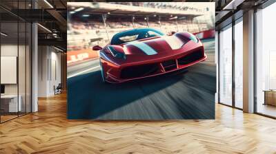 Sports car moving at high speed on a racetrack, There is motion blur to the track. Wall mural