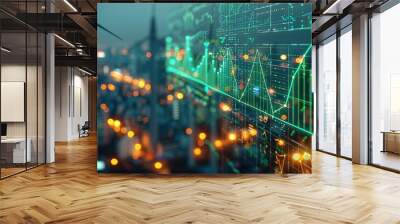 Stock market graphs and economic data visualized with icons of solar panels and wind turbines, uprising green stock market graph, green symbols, positive, positivity. Generative AI. Wall mural