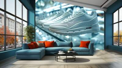 Store shelf with super fashionable stylish futuristic fantasy sneakers. Generative AI. Wall mural