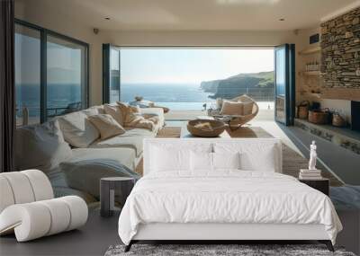 Stunning clean but cozy living room looking out to the coast. Generative AI. Wall mural