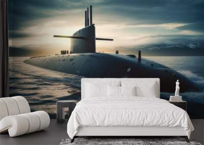 Submarine, Nuclear Submarine Launching Torpedo Missile in Sea. Wall mural