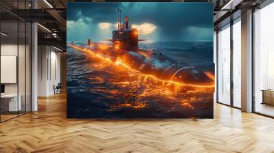 Submarine with orange lighting in the blue ocean. Generative AI. Wall mural