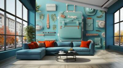 Suitcase with travel accessories on blue background. 3d rendering, ultra-realistic. Generative AI. Wall mural