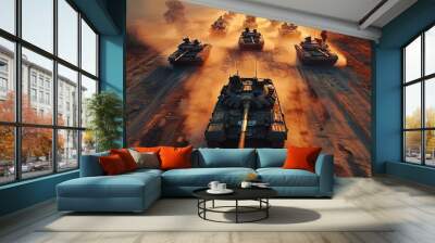 Tank battle on the field. many tanks are involved in the battle. Generative AI. Wall mural