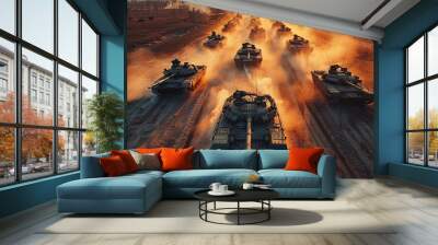 Tank battle on the field. many tanks are involved in the battle. Generative AI. Wall mural