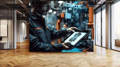 Technician worker using tablet controlling robot in factory, Checking and repair automatic robot. Wall mural