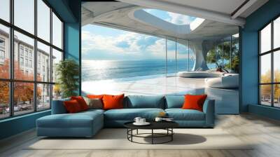 Terrace over the sea, Unfurnished, Futuristic. Generative AI. Wall mural