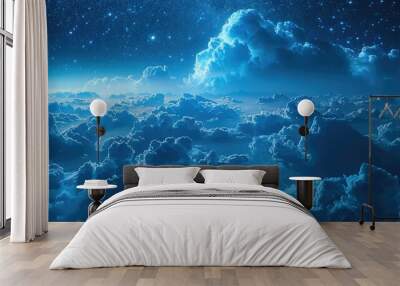 The blue night sky and clouds with stars pouring in. Generative AI. Wall mural