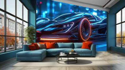 The car of the future, Neon, Light background. Generative AI. Wall mural