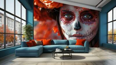 The day of the dead festival. face woman. Generative AI. Wall mural