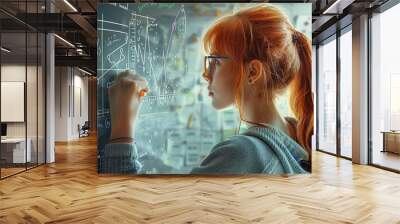 The girl draws a graph on the board. sketching and calculating thoughts. Wall mural