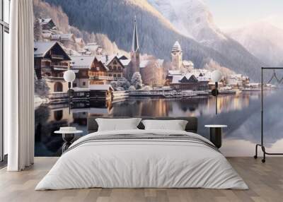 The idyllic village of Hallstatt with lake in the Austrian Alps, In winter time covered with snow. Wall mural