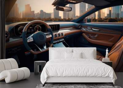 The interior of a prestigious modern carม Front seats with steering wheel, dashboard and display. Wall mural