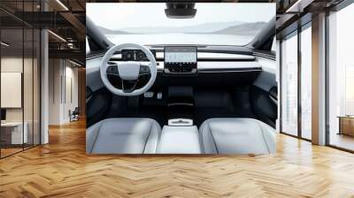 The interior of the car is designed, cleanly, with a large screen in the center of the dashboard, a simple round steering wheel and a low back seat made of light gray fabric. Generative AI. Wall mural