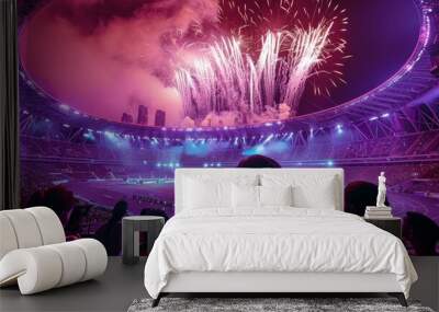 The stadium at night, bathed in purple light, fireworks exploding in the sky, jubilant spectators, athletes celebrating their victories. Generative AI. Wall mural