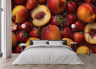 Thousands of whole peaches mixed with peach slices, strawberries, strawberry halves. top view. Wall mural