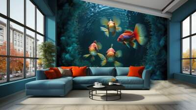 Three fishes in the ocean, Fish swimming in the sea underwater with light shining, AI generated. Wall mural