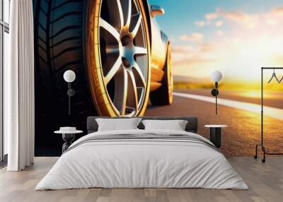 Tires on the asphalt road, Low angle side view of car driving fast at sunset. Wall mural