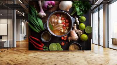 Top view Tom Yam Kung,Thai food, chilli, lemongrass, ginger, onion, Thai food in black bowl,Generative, AI, Illustration. Wall mural