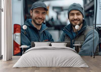 Two attractive appliance repair specialists in caps smiling against the background of a white van. Generative AI. Wall mural