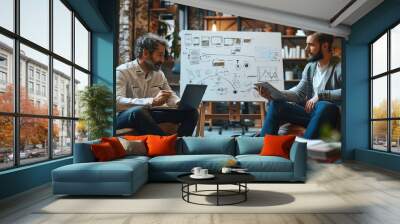 Two business professionals brainstorming with a whiteboard in a casual lounge area, focused and creative environment. Generative AI. Wall mural