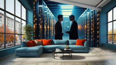 Two businessmen engaged in a discussion in a modern data center, Checking network security and information technology management in a corporate setting. Wall mural