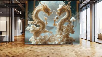 Two Chinese dragons are playing with a pearl. Generative AI. Wall mural