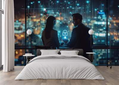 Two colleagues working together to protect clients confidential information and cyber security. IT hologram padlock icons modern office background at night time. Generative AI. Wall mural