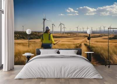 Two environmental engineer working and checking at wind turbines field. Wall mural