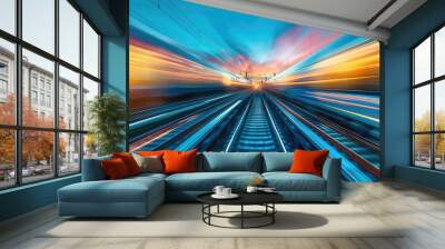 Two fast-moving trains coming from the left and right, their outlines slightly blurred by speed. Railway tracks stretch out from both directions, meeting in the middle. Generative AI. Wall mural