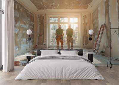 Two workers are renovating a room in a luxury apartment. Wall mural