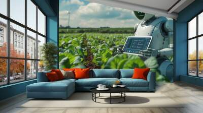 Under the blue sky, in a field of green vegetables, a high-tech tablet computer controls a white-shelled robot in front of the field for planting and crop management. Generative AI. Wall mural