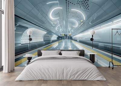 Underground train station, large white ceiling panels, glittering light, modern. Generative AI. Wall mural