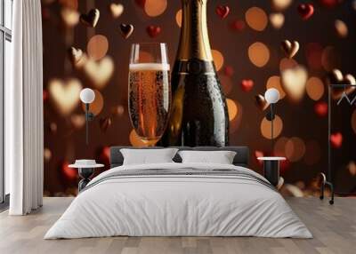 Valentine's day with a bottle of champagne and hearts. Generative AI. Wall mural